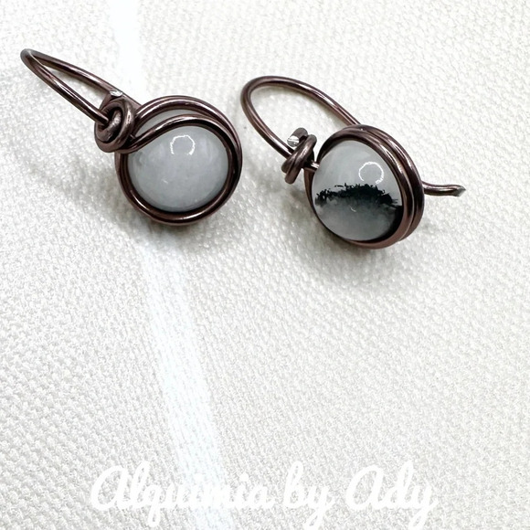 White and black Tourmaline spheres brass spheres dangle drop earrings - Picture 1 of 4